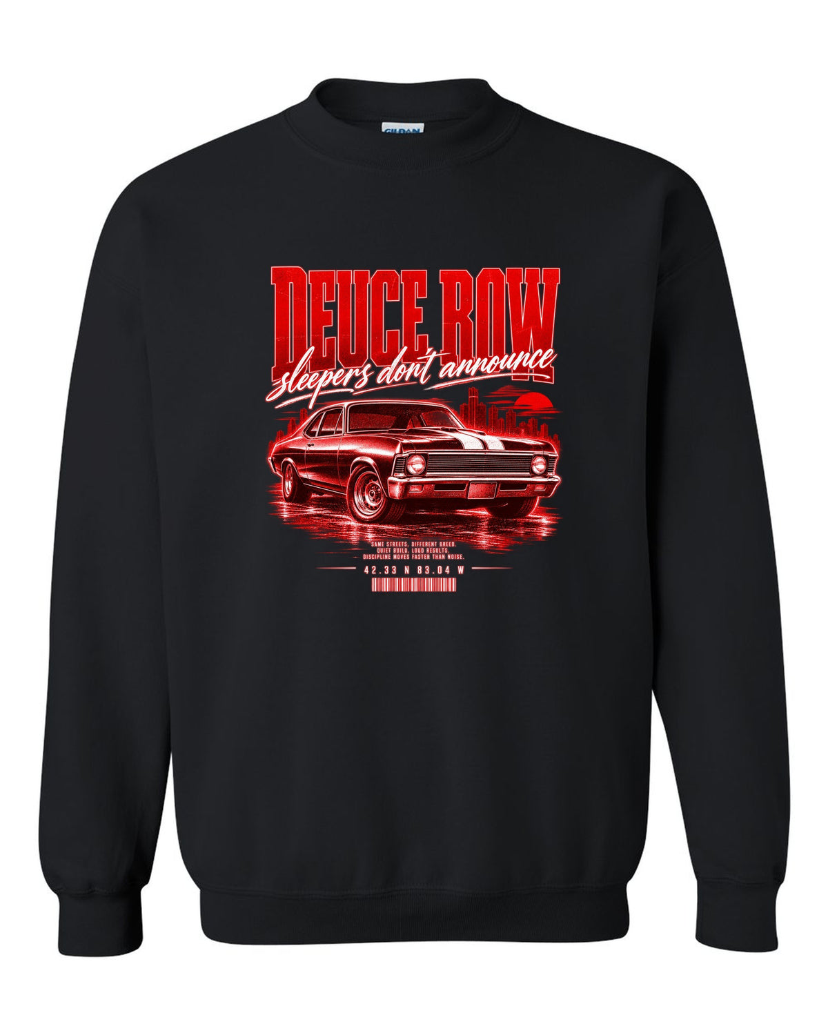 Street-poster print of a 1969 Chevrolet Nova SS with Deuce Row lettering black crewneck front view with the design
