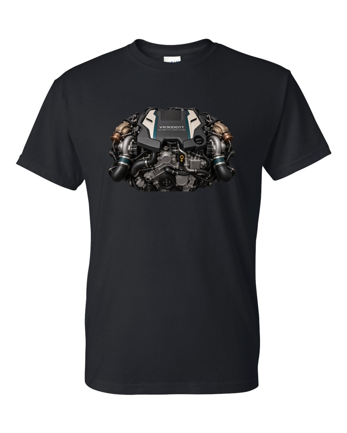 Nissan VR30DDTT 3.0 litre twin-turbo V6 engine bay poster style print black t-shirt front view with the design