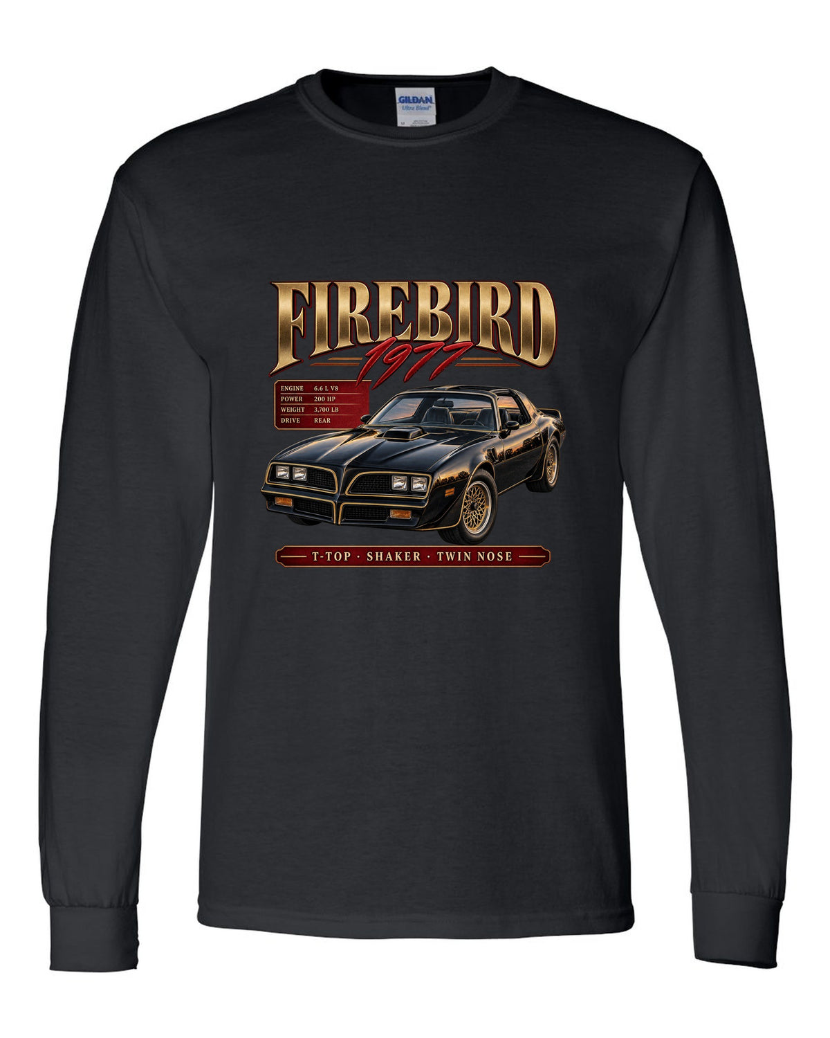 print archive panel of a 1977 Pontiac Firebird T-top with shaker and twin nose lettering black long sleeve front view with the design
