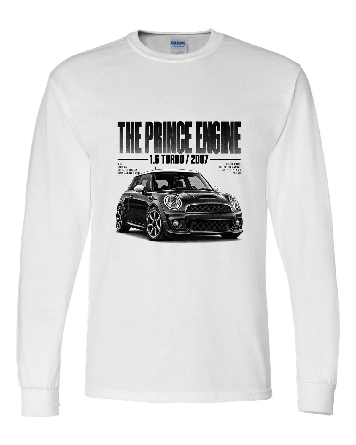 Halftone print of a Mini Cooper S R56 front three-quarter low angle with Prince engine text white long sleeve front view with the design