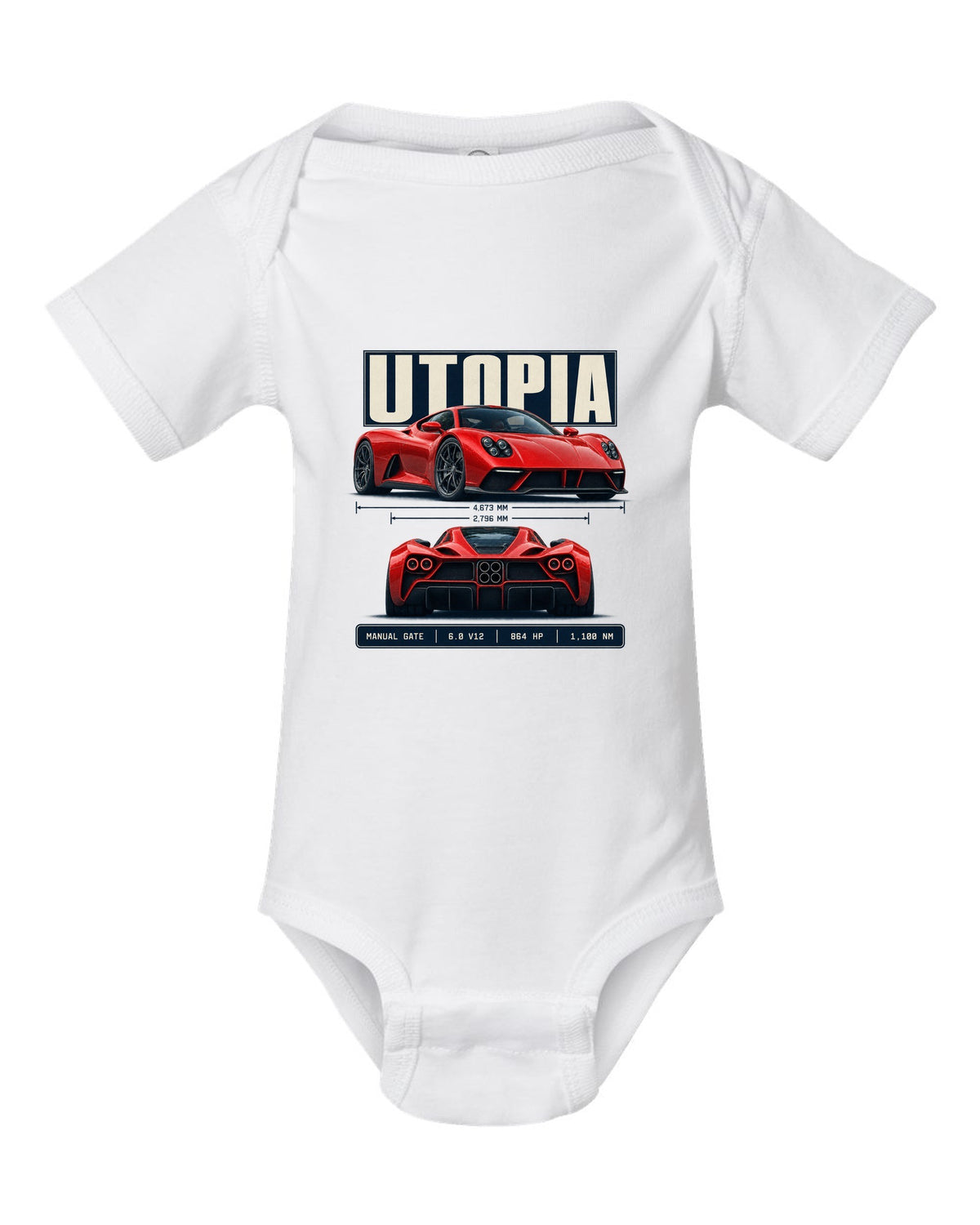 Spec poster print of the Pagani Utopia with the text manual gate, 6.0 V12, 864 hp, 1,100 Nm white baby onesie front view with the design