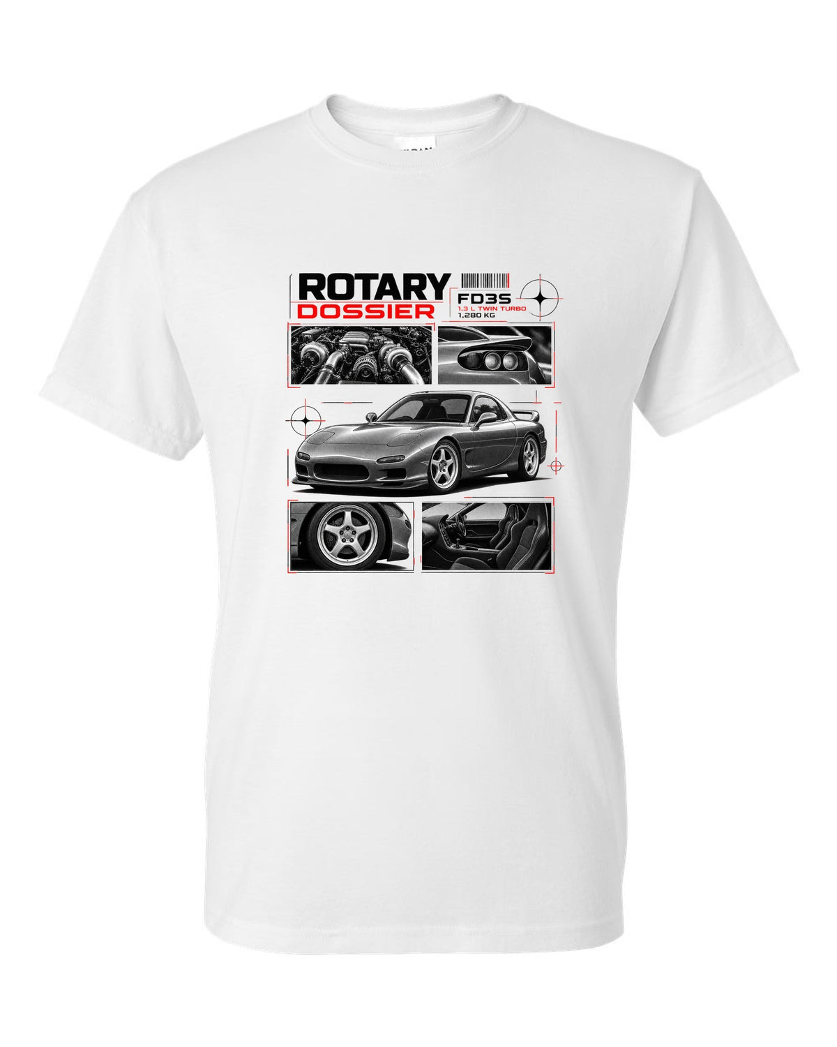 Dossier print of a Mazda RX-7 FD3S front three-quarter with detail panels white t-shirt front view with the design