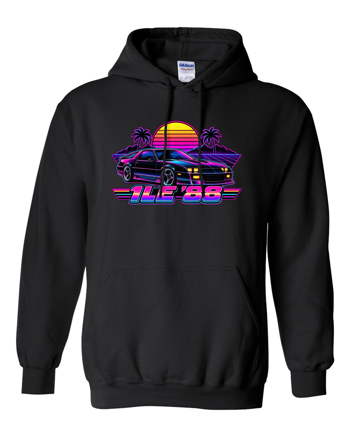 1988 Camaro 1LE third-generation against a synthwave grid horizon with a striped sun and the text 1LE '88 black pull over hoodie front view with the design