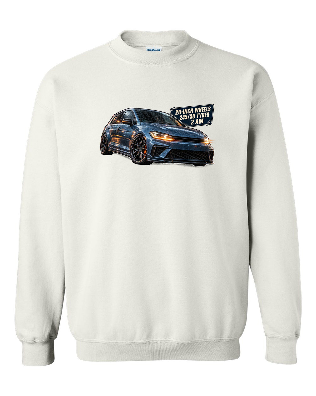 print of a Boost Blue Honda Civic Type R FK8 on a night touge road white crewneck front view with the design