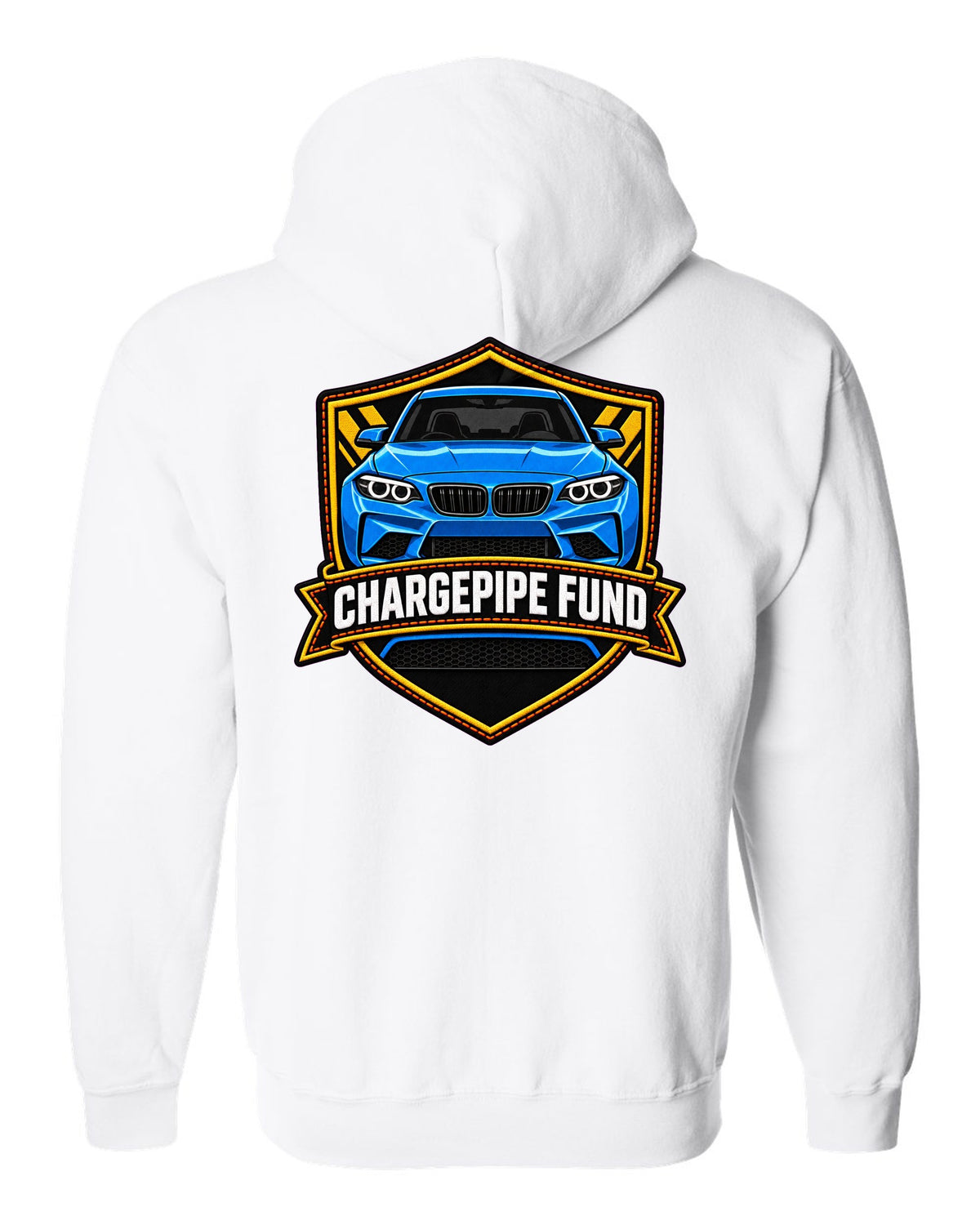 Linocut woodcut-style print of a BMW M2 G87 brake duct with 453 HP text white zip hoodie back view with the design