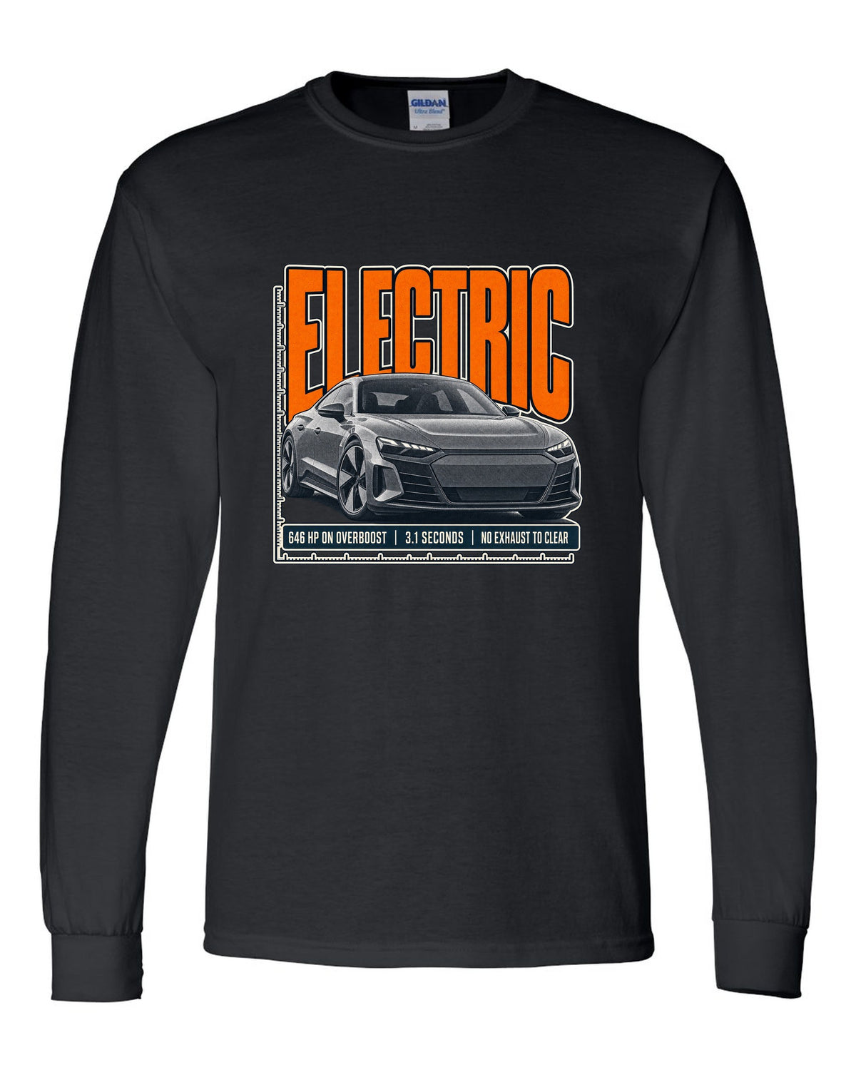 Audi RS e-tron GT low front three-quarter halftone statement print design black long sleeve front view with the design