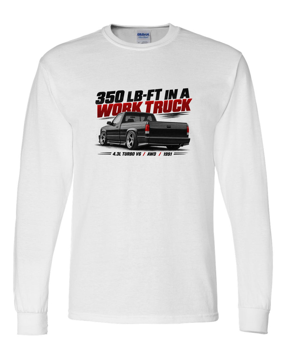 Halftone print of a 1991 GMC Syclone in a low rear three-quarter view white long sleeve front view with the design