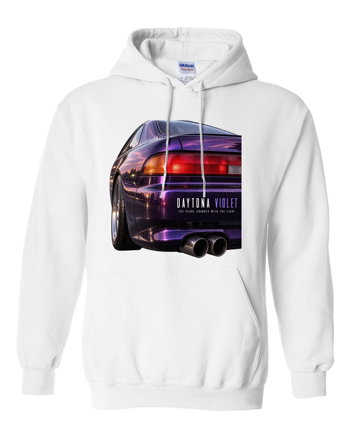 BMW E36 M3 coupe taillight macro print with Daytona Violet pearl paint text white pull over hoodie front view with the design