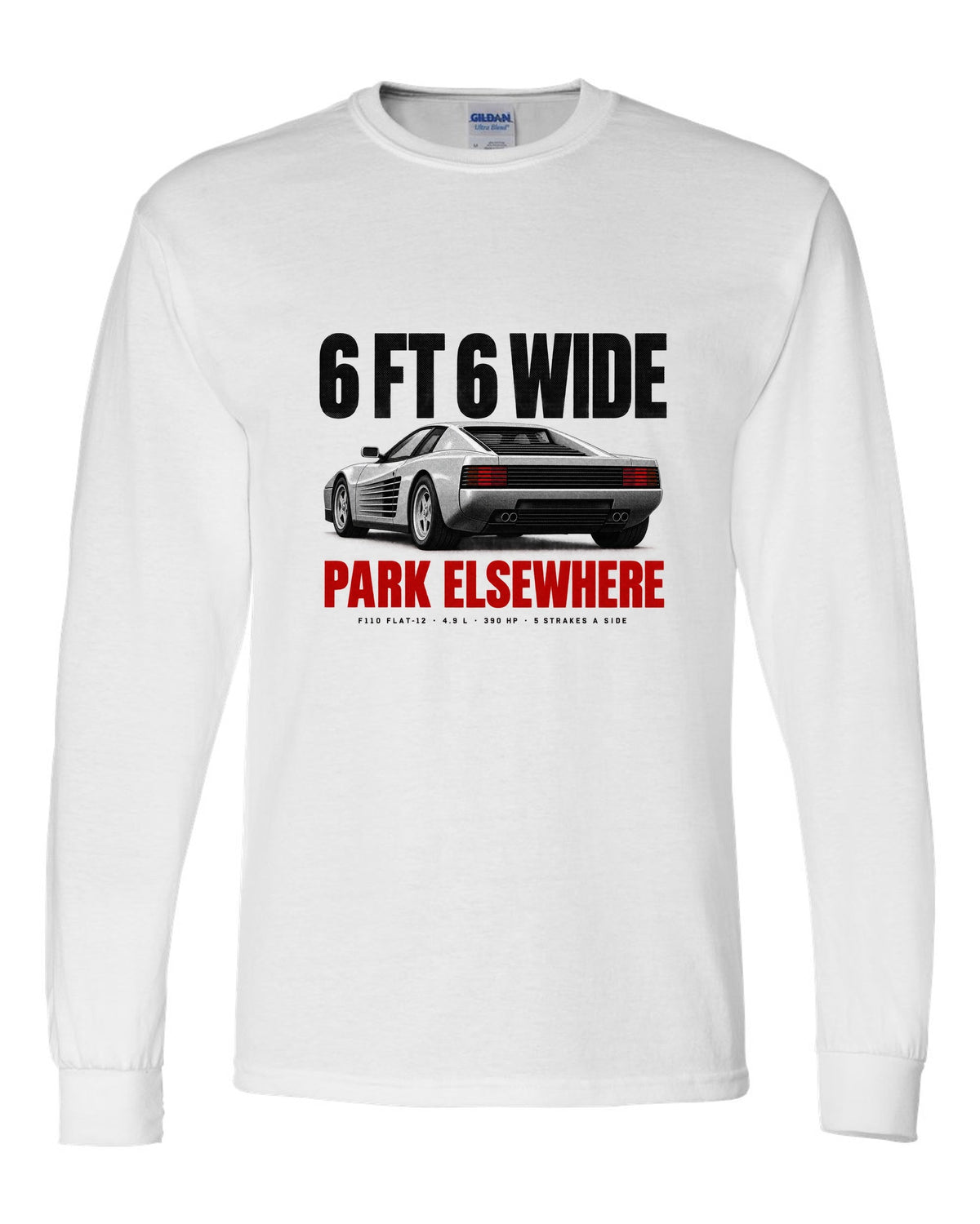 Ferrari Testarossa F110 1984 halftone print, 6 ft 6 wide, park elsewhere white long sleeve front view with the design