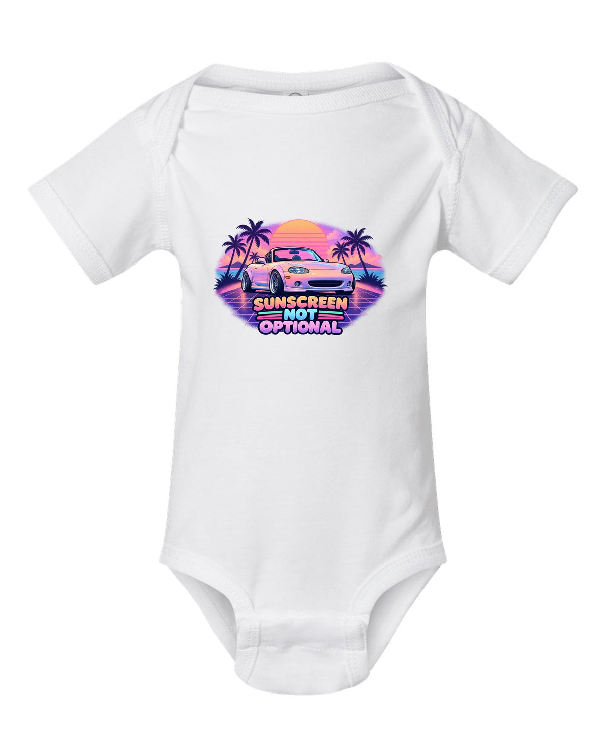 Vaporwave pastel print of a Mazda MX-5 NB Miata with the roof down and the text Sunscreen Not Optional white baby onesie front view with the design