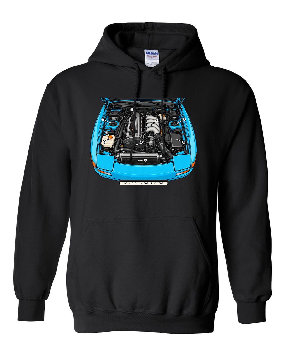 Technical callout diagram of the Porsche 944 S2 engine bay black pull over hoodie front view with the design