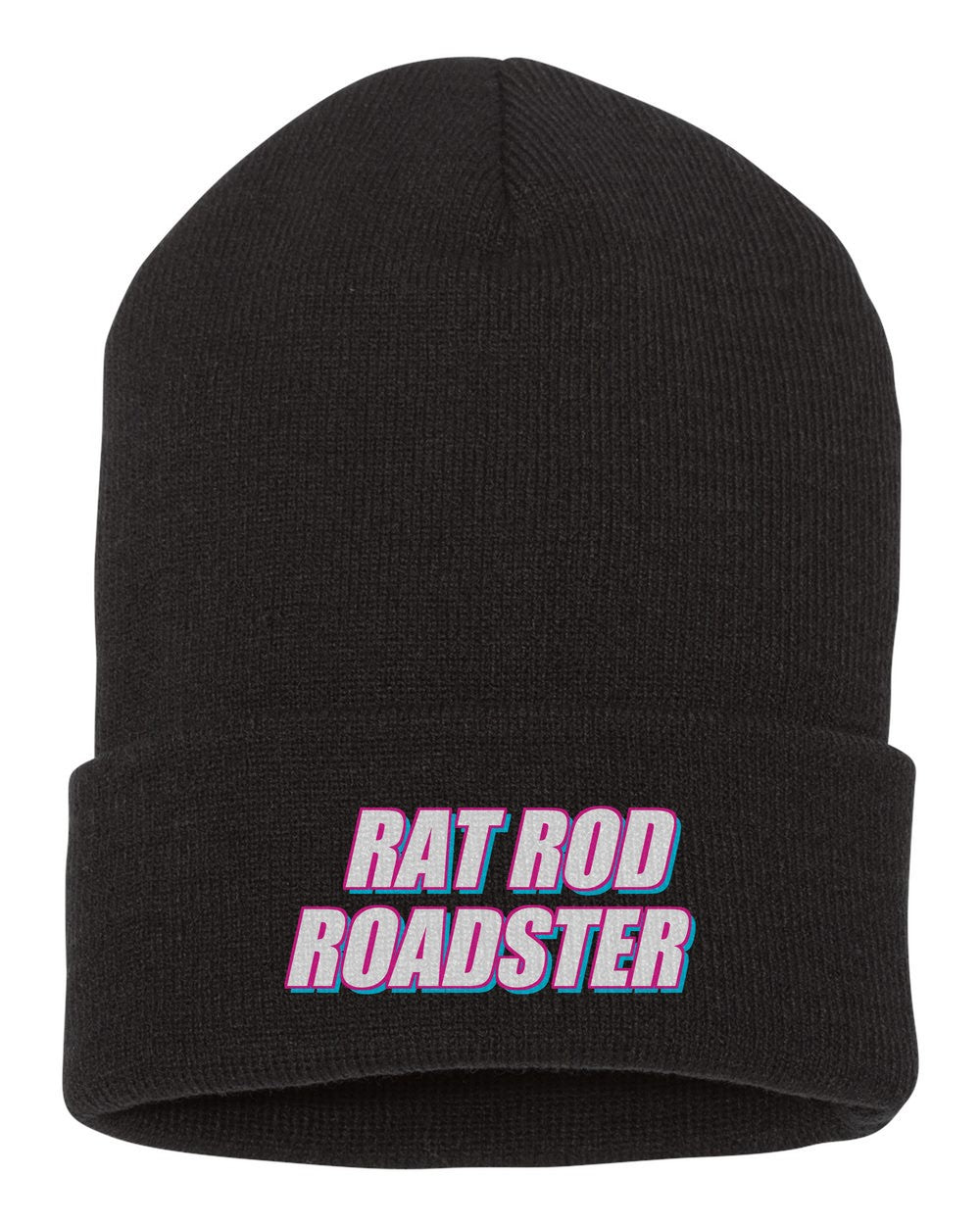Rat Rod Roadster black beanie front view with car name