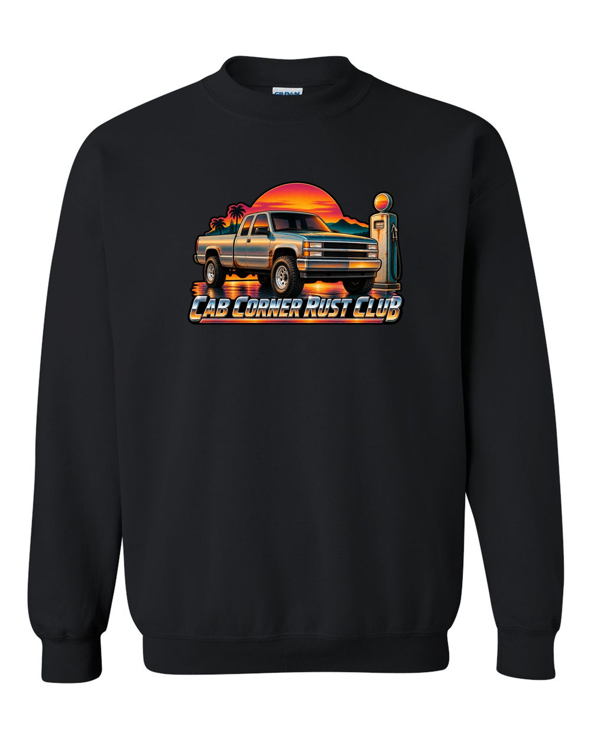 70s airbrush sunset gas pump print of a 1988-1998 Chevrolet OBS Silverado with Cab Corner Rust Club text black crewneck front view with the design