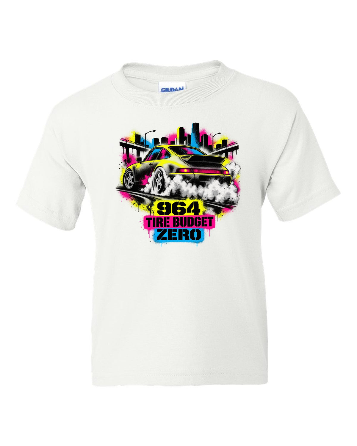 Street-art stencil print of a Porsche 911 Carrera 4 964 with the text 964, tire budget, zero white kids tee front view with the design