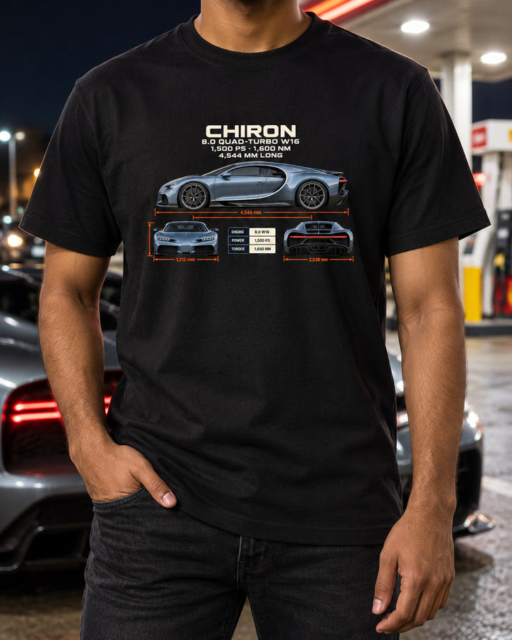 Bugatti Chiron Three-View Spec Sheet Shirt, Oversized print T-Shirt Black worn hero