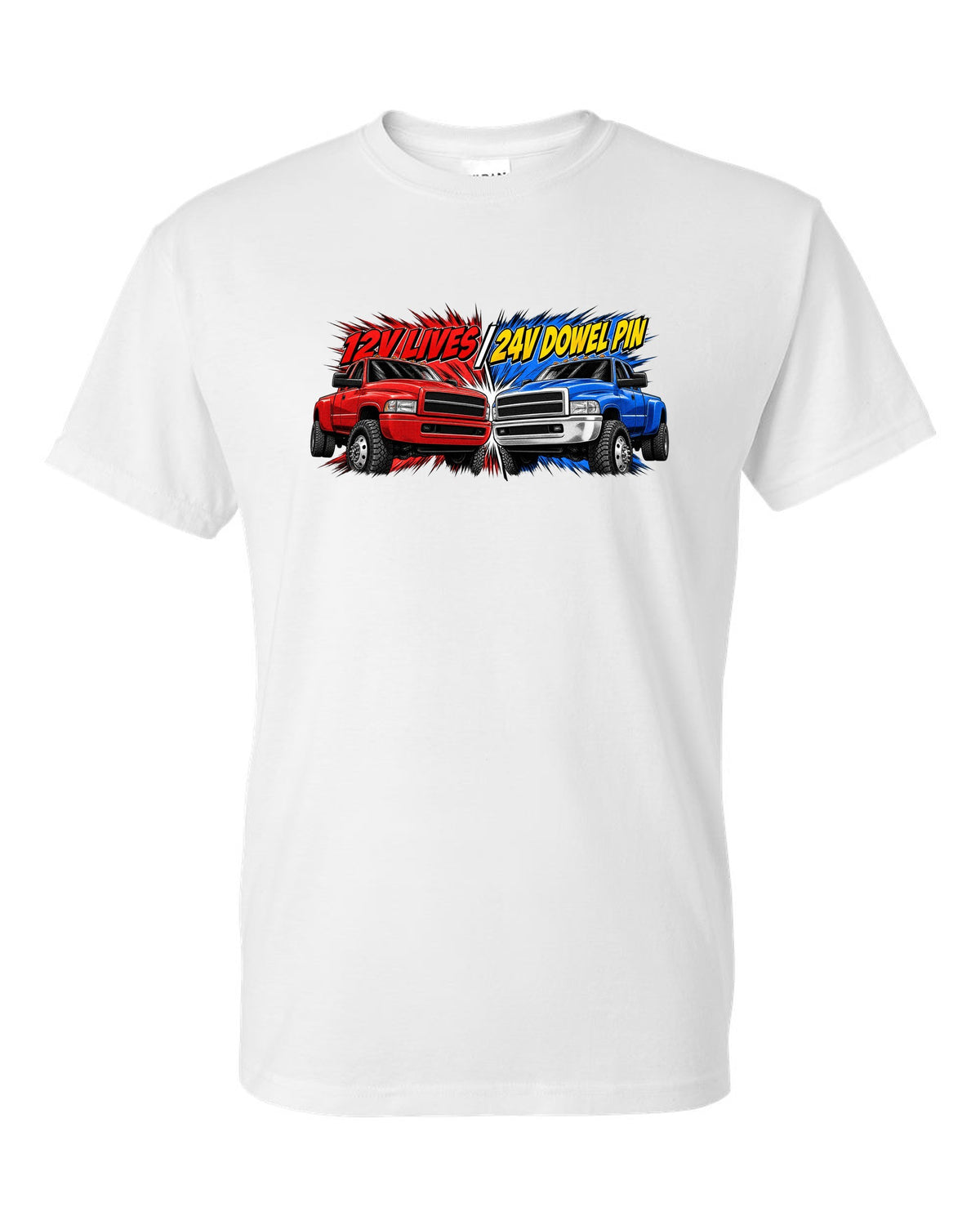 Retro manga halftone print of two Dodge Ram 2nd gen trucks with 12V lives and 24V dowel pin text white t-shirt front view with the design