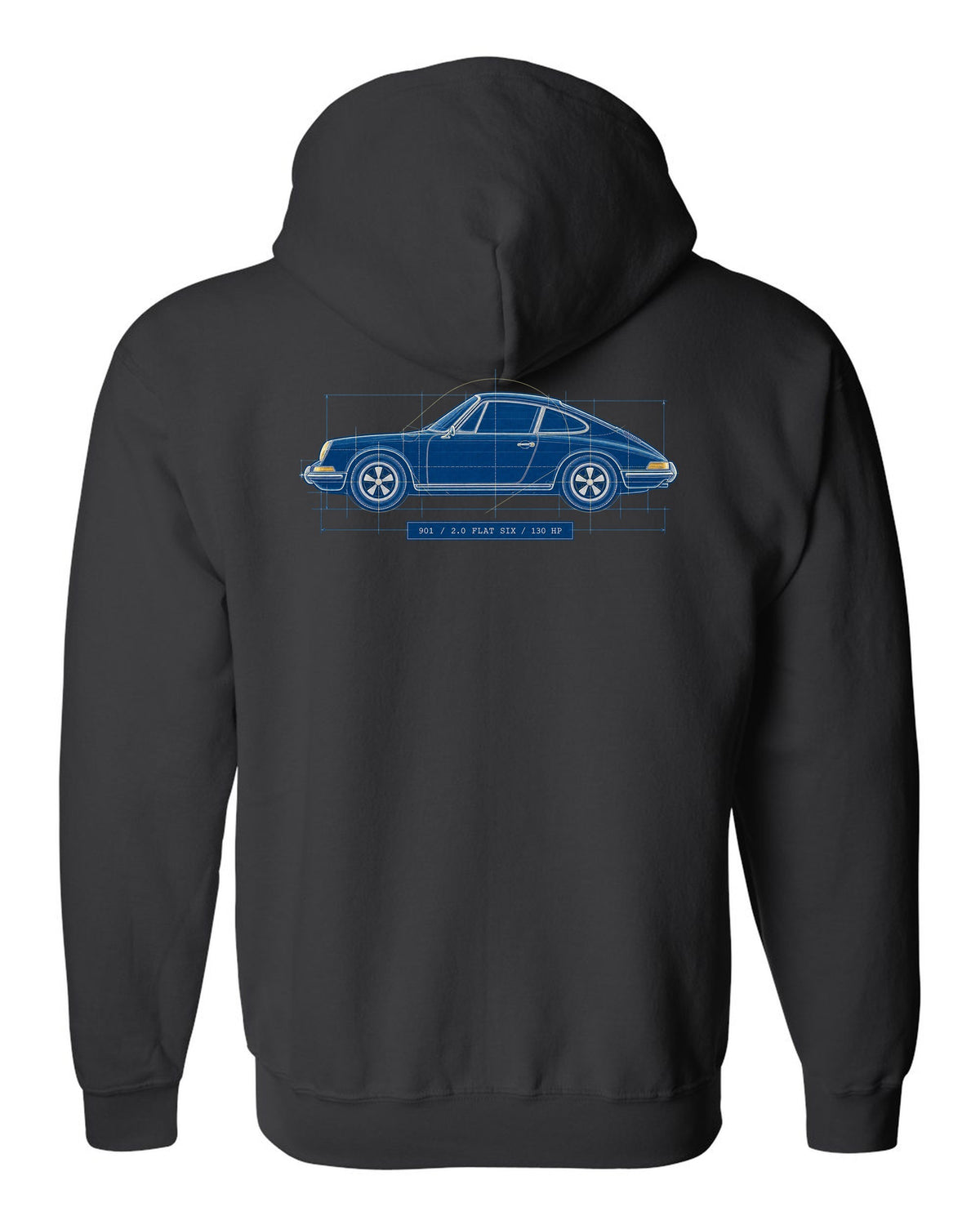 Porsche 911 901 1964 Cyanotype Blueprint Profile black zip hoodie back view with the design