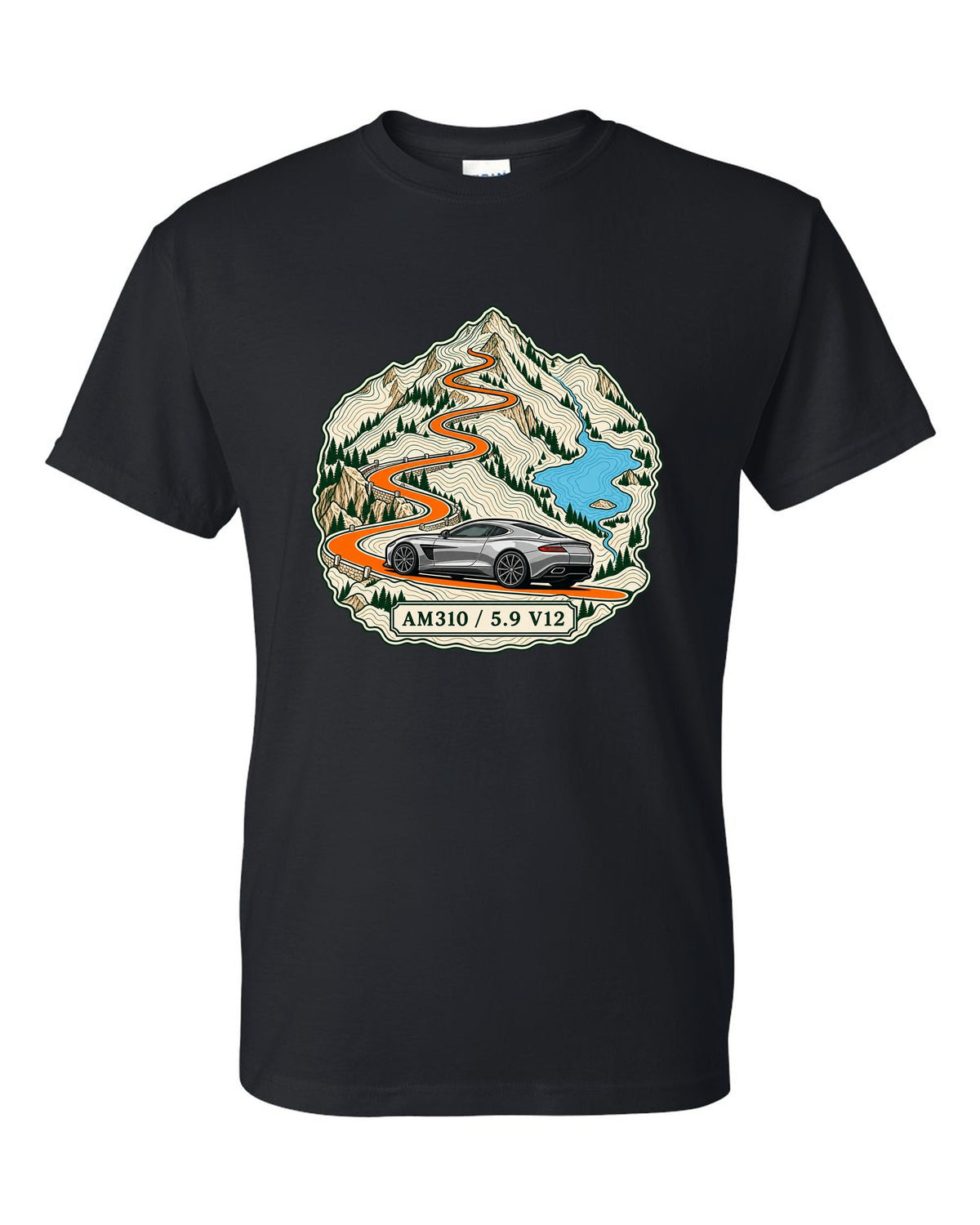 Topographic ridge route map print for the 2012 Aston Martin Vanquish AM310 with 5.9 V12 lettering black t-shirt front view with the design