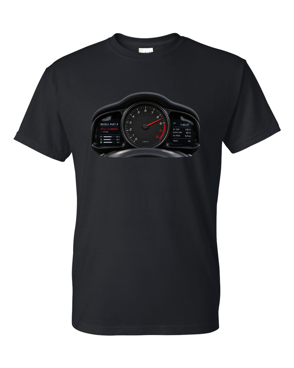 Cockpit gauge print of a 2022 Porsche 911 GT3 RS 992 tachometer past 8 black t-shirt front view with the design