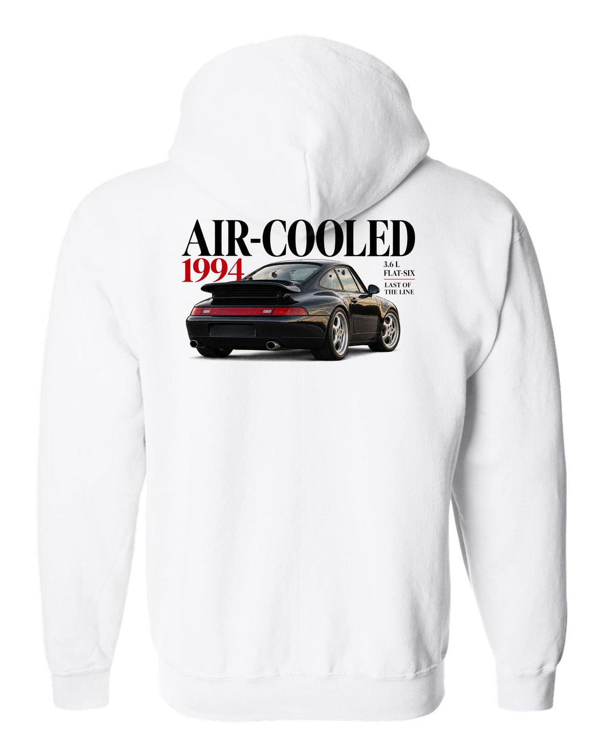 Editorial print of a Porsche 911 993 Carrera coupe with Air-Cooled 1994 3.6 L flat-six lettering white zip hoodie back view with the design
