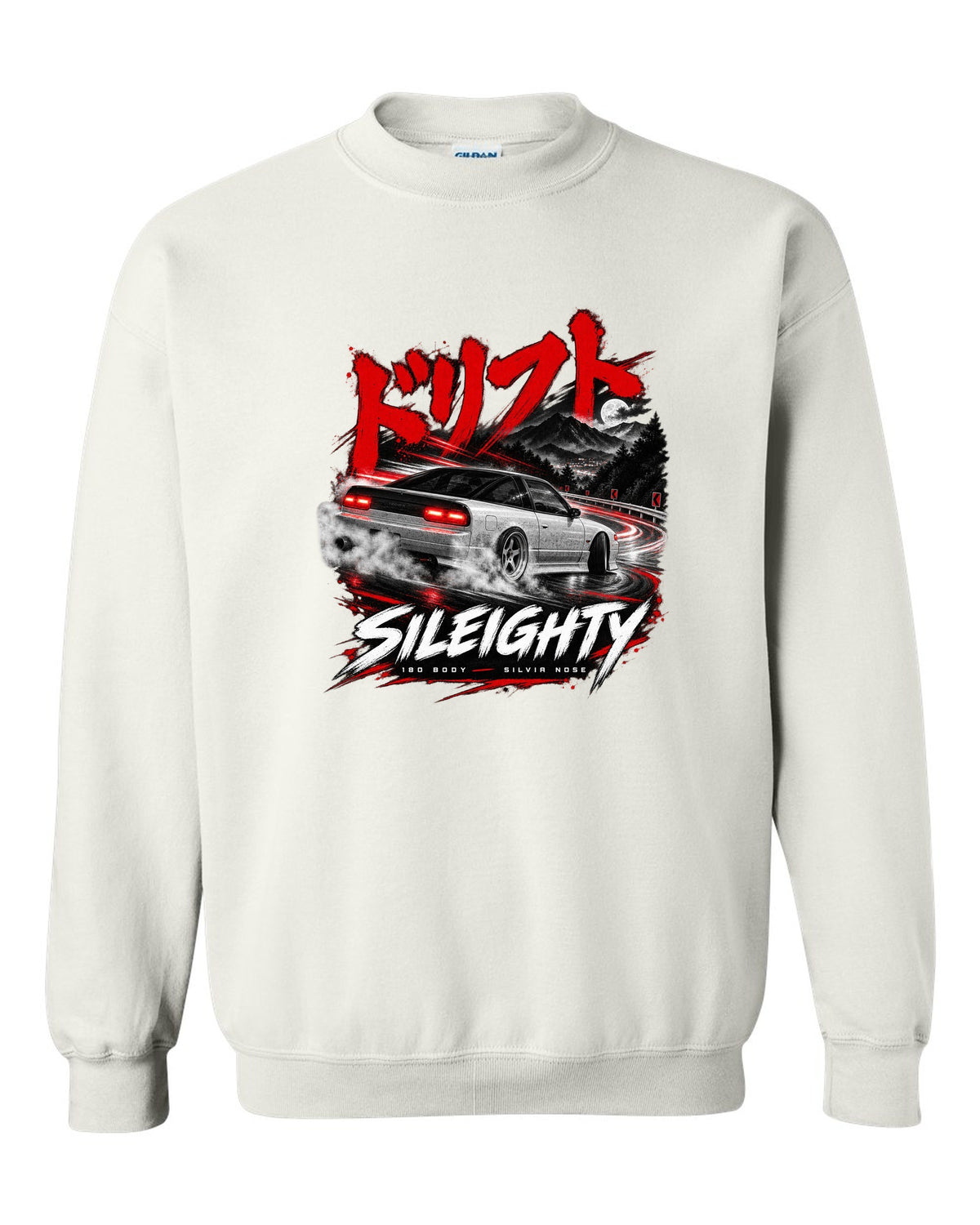 Touge night print of a Nissan Sileighty, 180SX body with Silvia nose white crewneck front view with the design