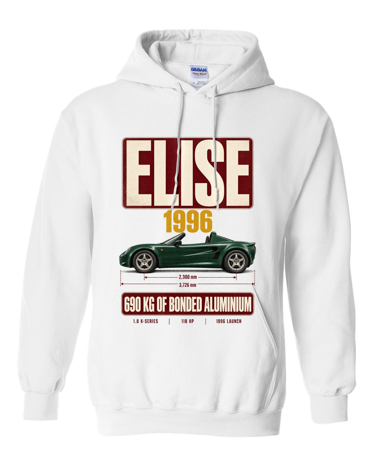Lotus Elise Series 1 open roadster archive panel print with 1996 and 690 kg bonded aluminium text white pull over hoodie front view with the design