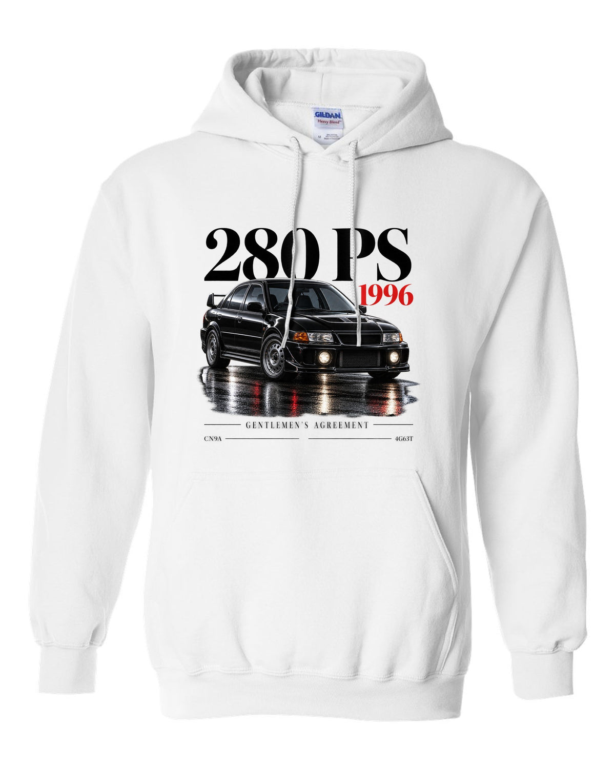 Editorial headline print for the Mitsubishi Lancer Evolution IV CN9A reading 280 PS, 1996, Gentlemen's Agreement, 4G63T white pull over hoodie front view with the design