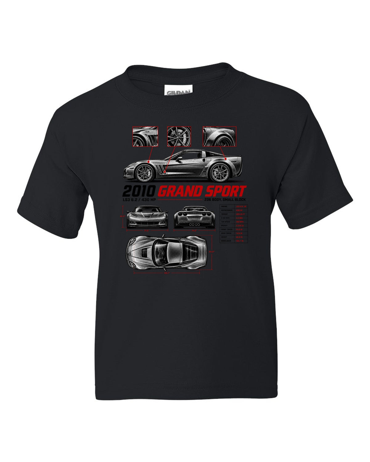 Corvette C6 Grand Sport 2010 with wide haunches, spec poster black kids tee front view with the design