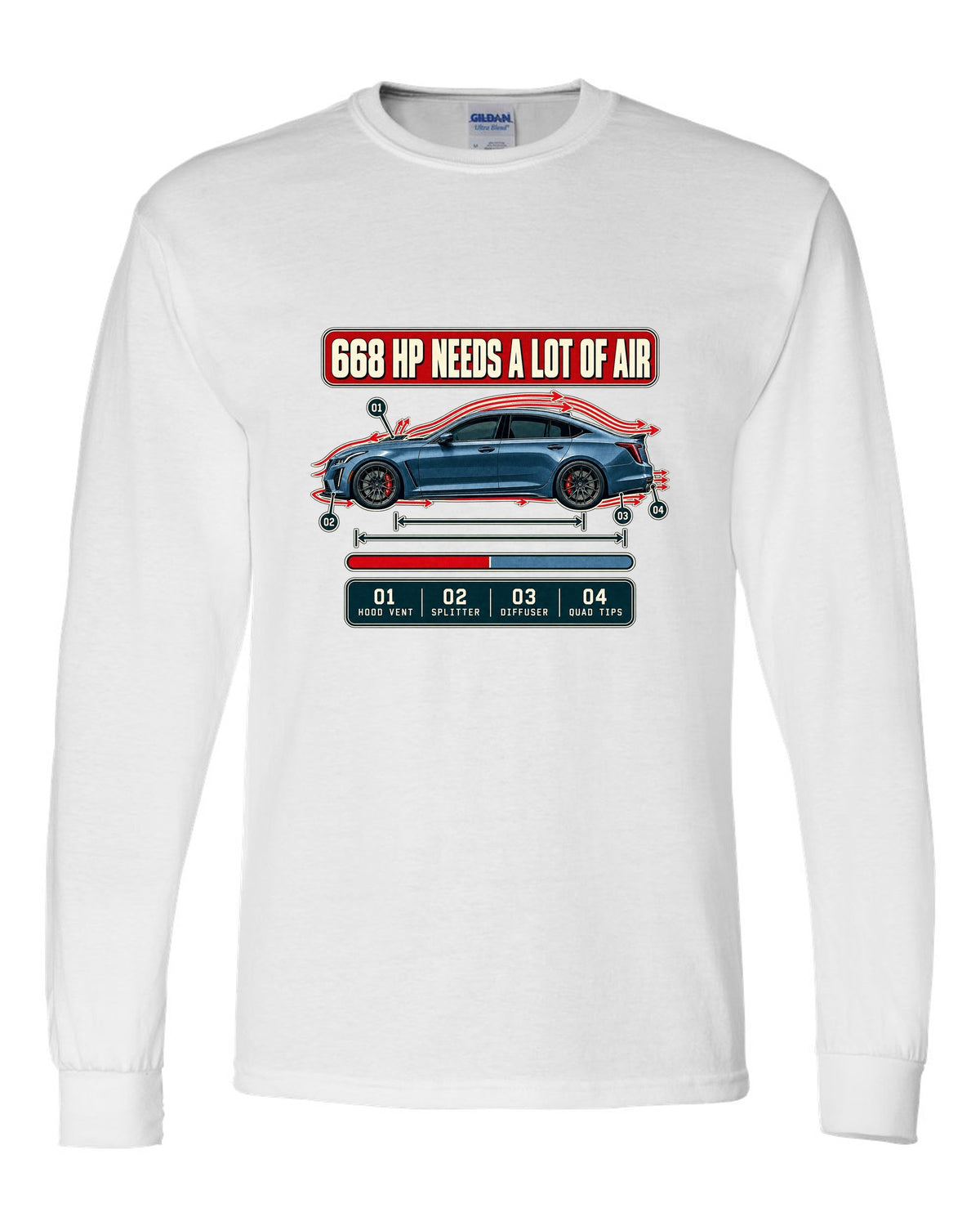 Aero cutaway print of a Cadillac CT5-V Blackwing with numbered callouts white long sleeve front view with the design