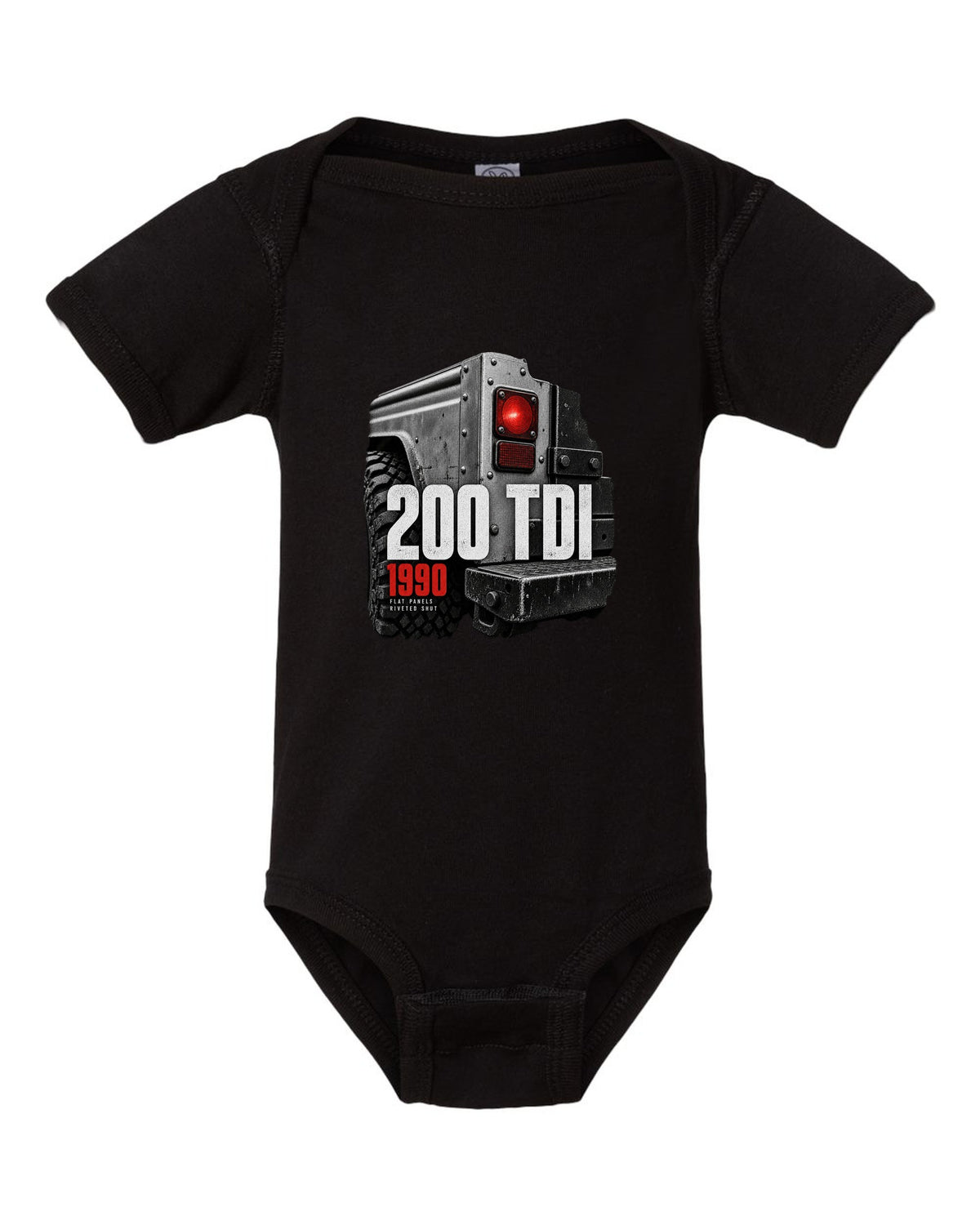 Land Rover Defender 200 Tdi taillight and riveted panel macro print black baby onesie front view with the design