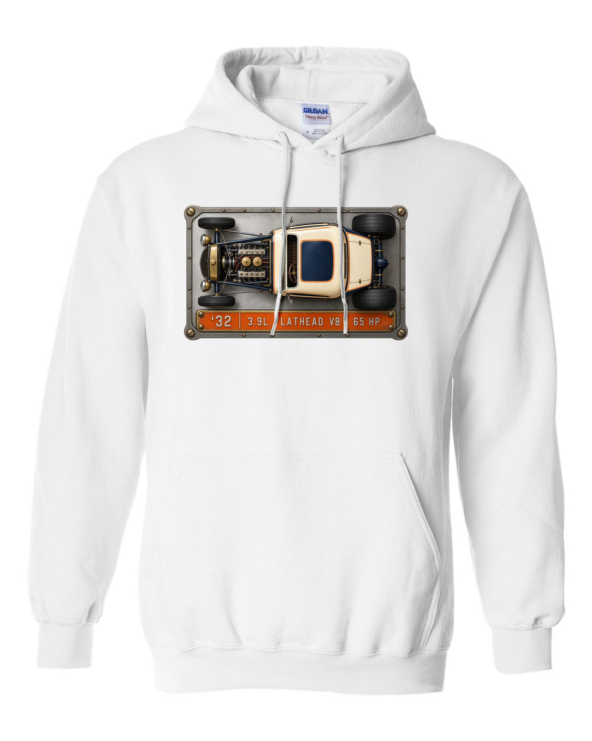 Spec sheet data plate print of a top-down 1932 Ford Deuce coupe with flathead V8 lettering white pull over hoodie front view with the design