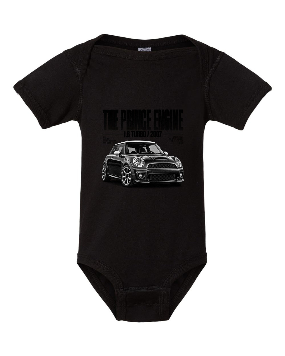Halftone print of a Mini Cooper S R56 front three-quarter low angle with Prince engine text black baby onesie front view with the design