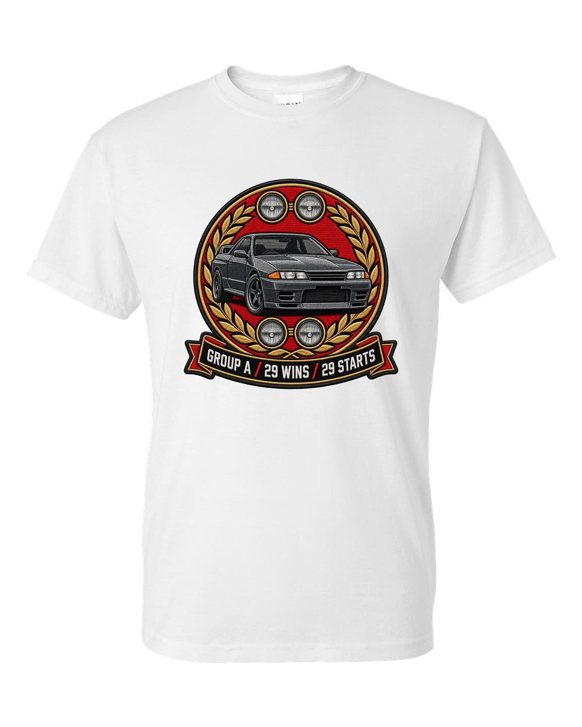 Embroidery-style round crest print for the Nissan Skyline GT-R R32 BNR32 with Group A 29 wins text white t-shirt front view with the design