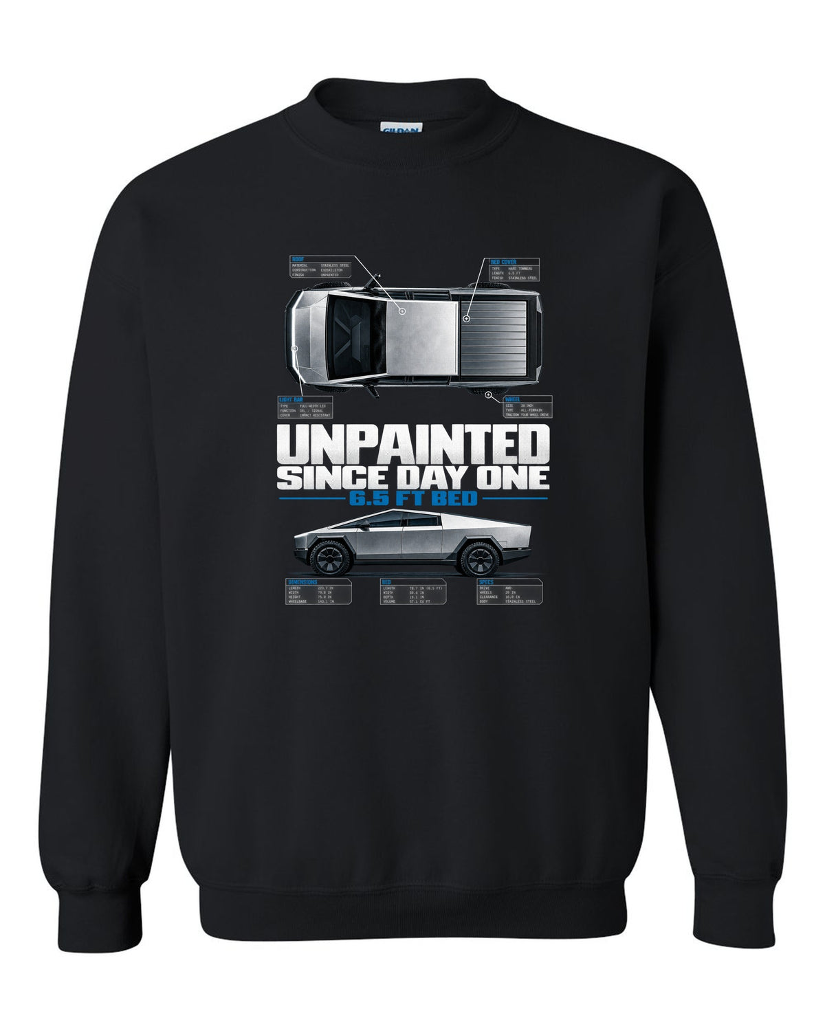 Tesla Cybertruck top-down and profile spec poster with unpainted since day one text black crewneck front view with the design