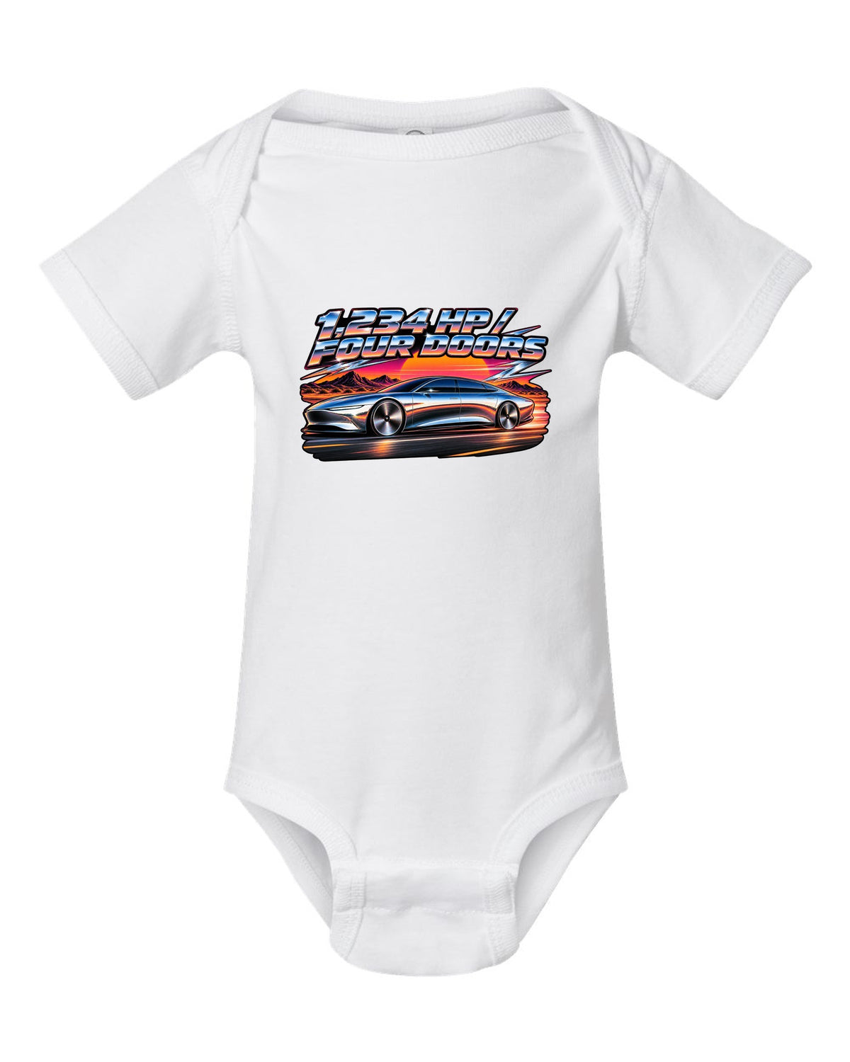 Lucid Air Sapphire 80s airbrush chrome poster print with the text 1,234 hp four doors white baby onesie front view with the design