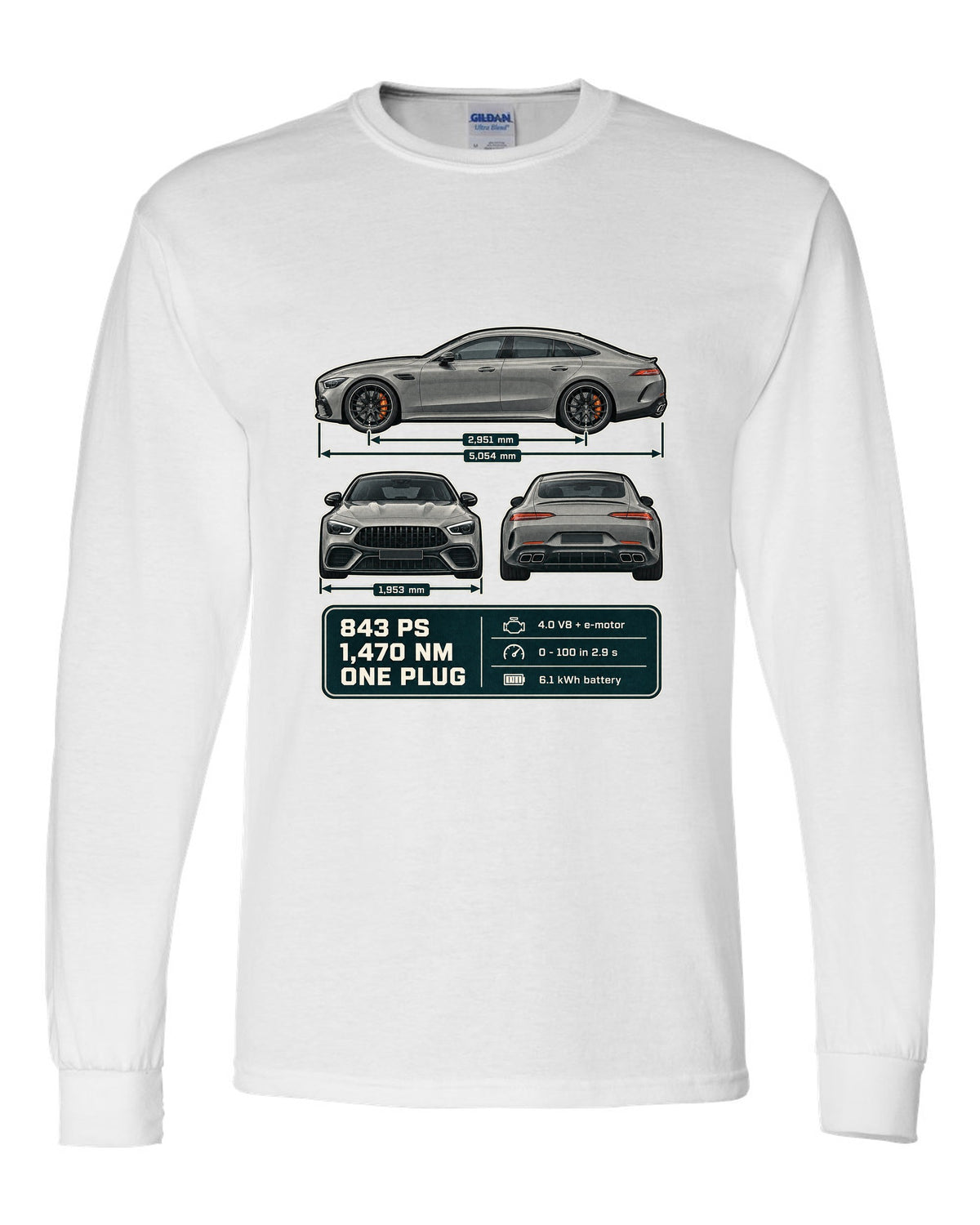Mercedes-AMG GT 63 S E Performance 4-Door three-view warm grey print white long sleeve front view with the design