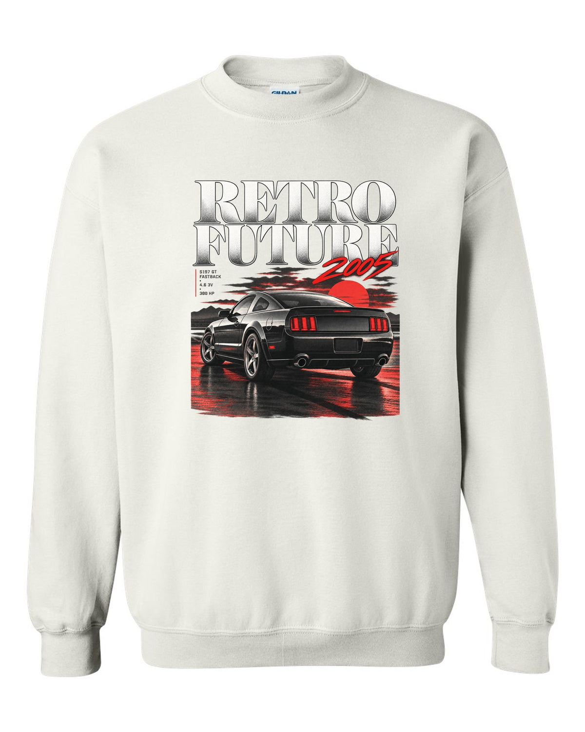 Editorial headline print of a 2005-09 Ford Mustang S197 GT fastback white crewneck front view with the design