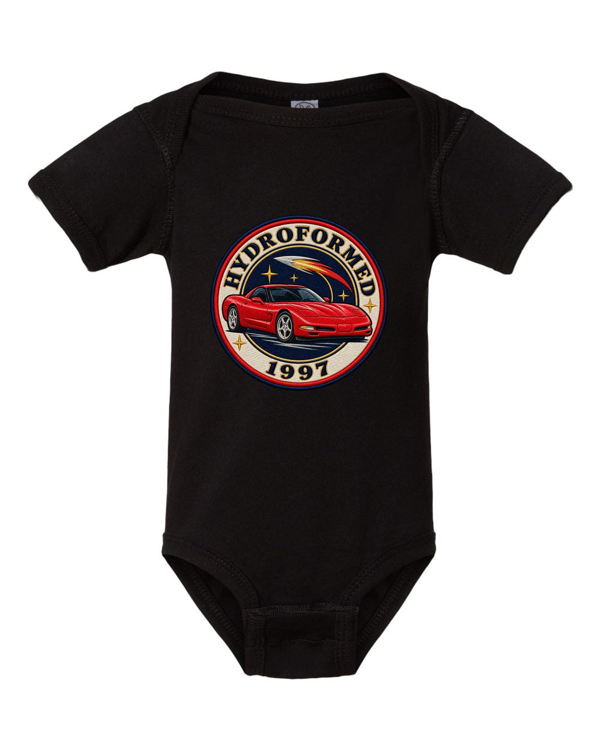 Embroidery style varsity crest print of a 1997 Chevrolet Corvette C5 coupe with Hydroformed text black baby onesie front view with the design