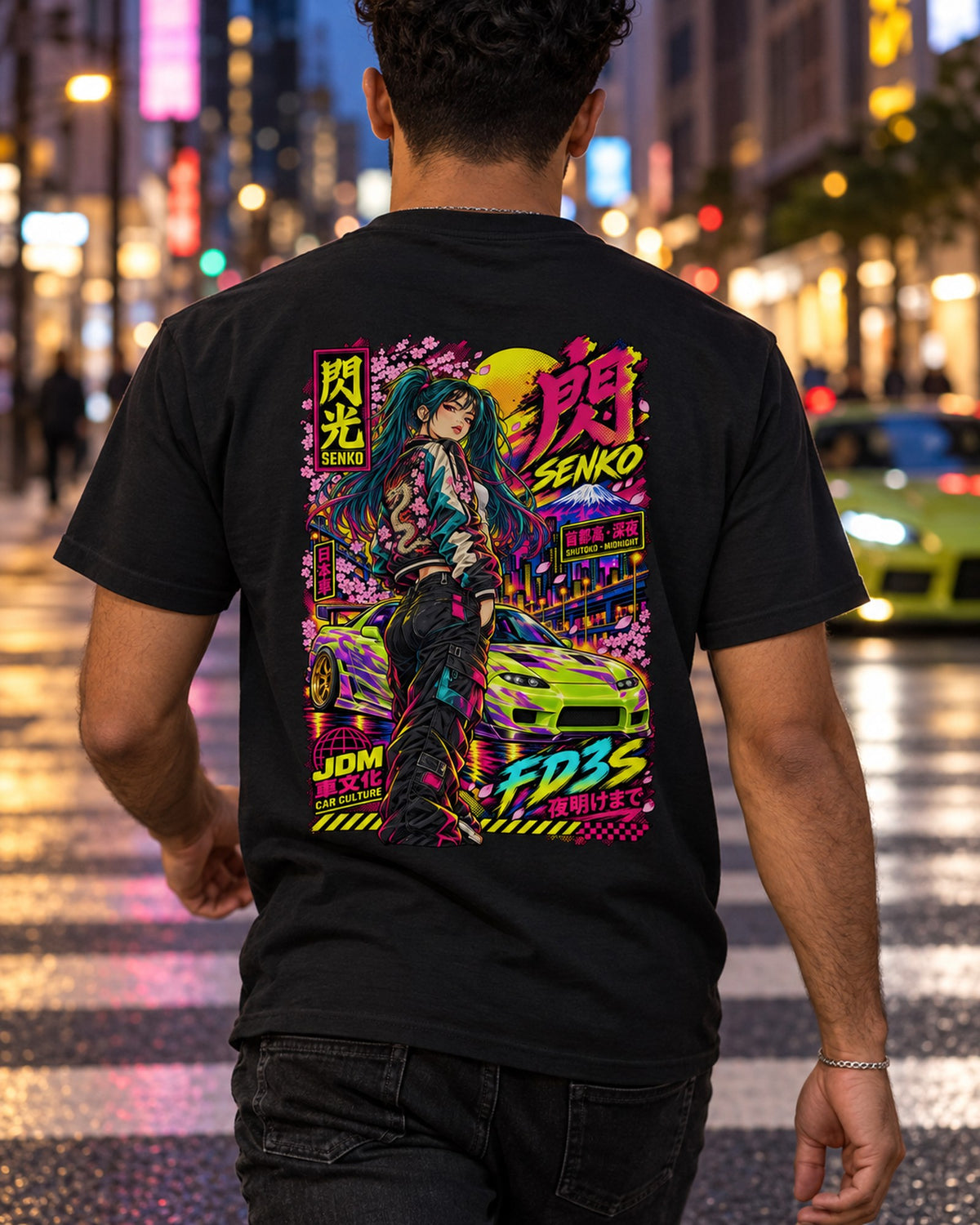 SENKO FD3S Anime Girl Full-Back Graphic Tee T-Shirt Black worn hero