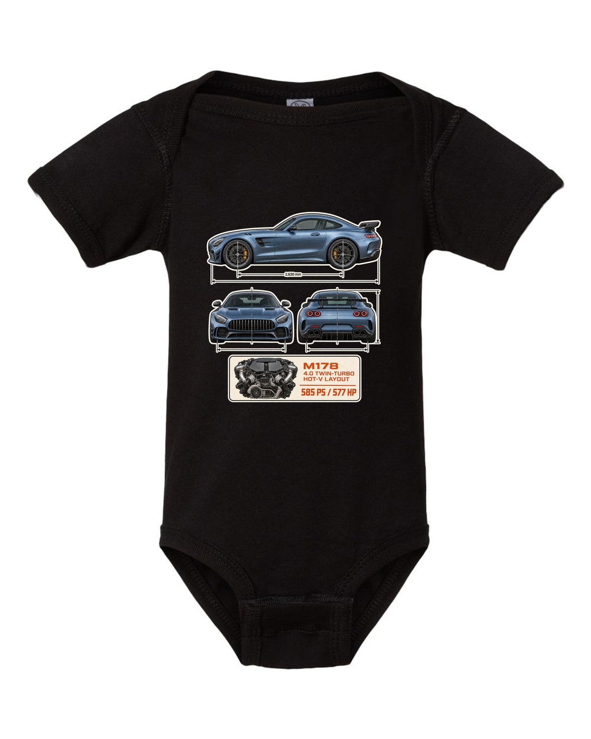Mercedes-AMG GT R C190 dimension blueprint print black baby onesie front view with the design
