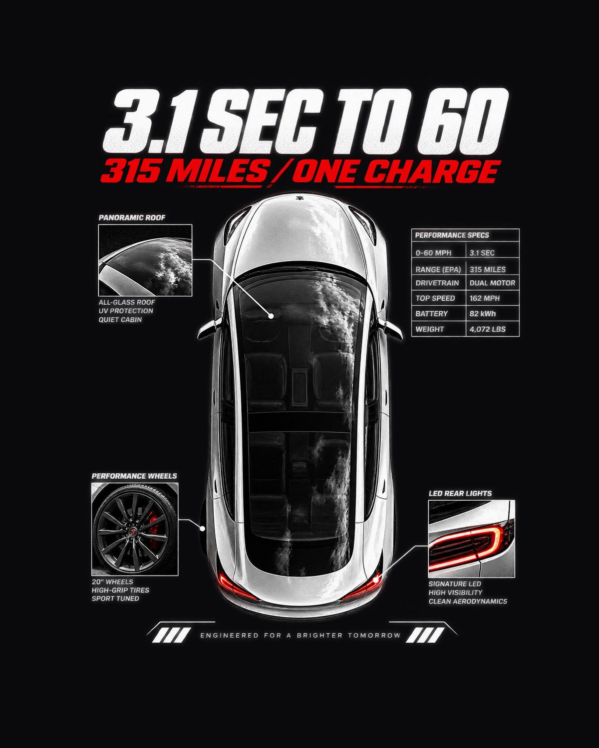 Tesla Model 3 Performance Top-Down Spec Poster Shirt design only