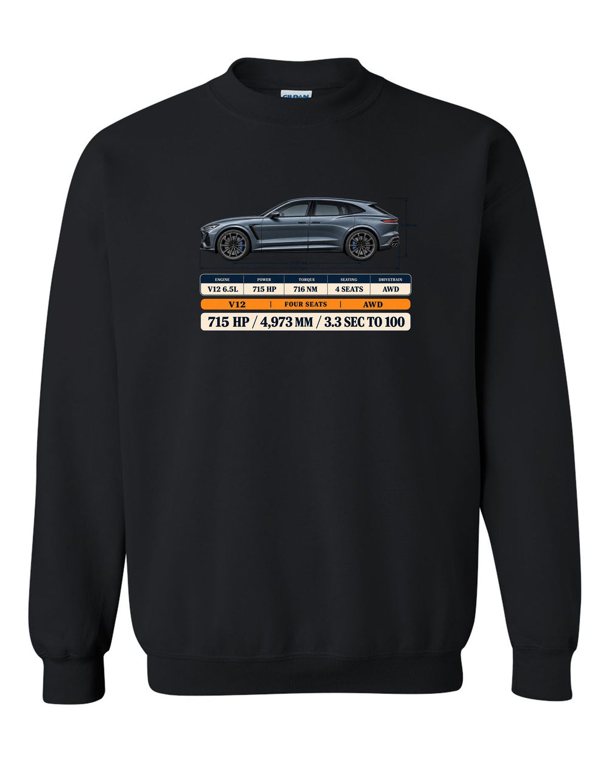 Spec poster print of the Ferrari Purosangue with power and length figures black crewneck front view with the design