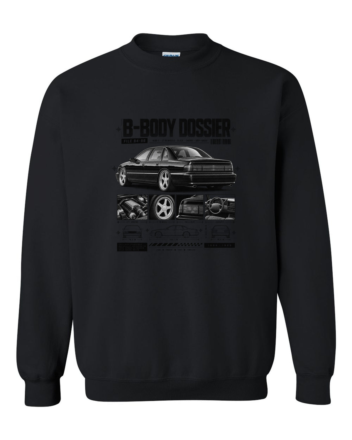 1994-96 Impala SS B-body dossier panels print with 4L60-E and wheel notes black crewneck front view with the design