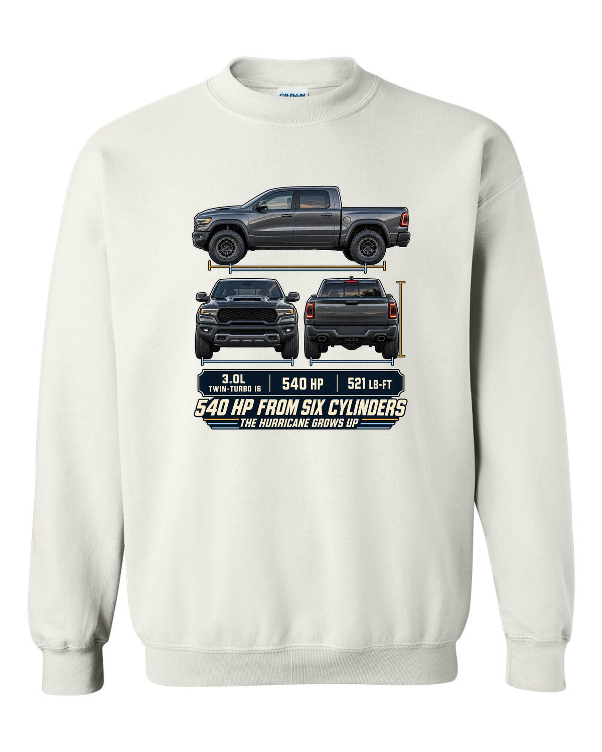 Ram 1500 RHO 2025 three-view drawing with spec table print white crewneck front view with the design