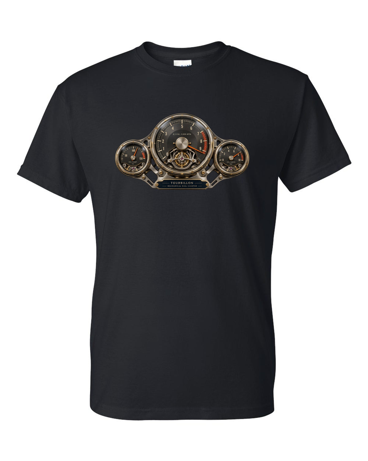 Cockpit and mechanical dial cluster of the Bugatti Tourbillon, print black t-shirt front view with the design