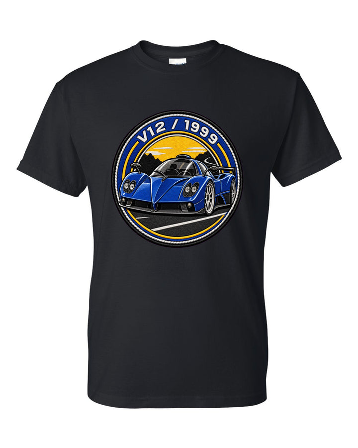 Varsity embroidery-style print for the 1999 Pagani Zonda C12 with V12 and 1999 lettering black t-shirt front view with the design