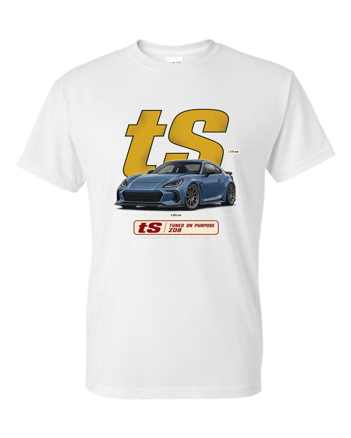 Halftone poster-style print of a Subaru BRZ tS ZD8 with tuning statement lettering white t-shirt front view with the design