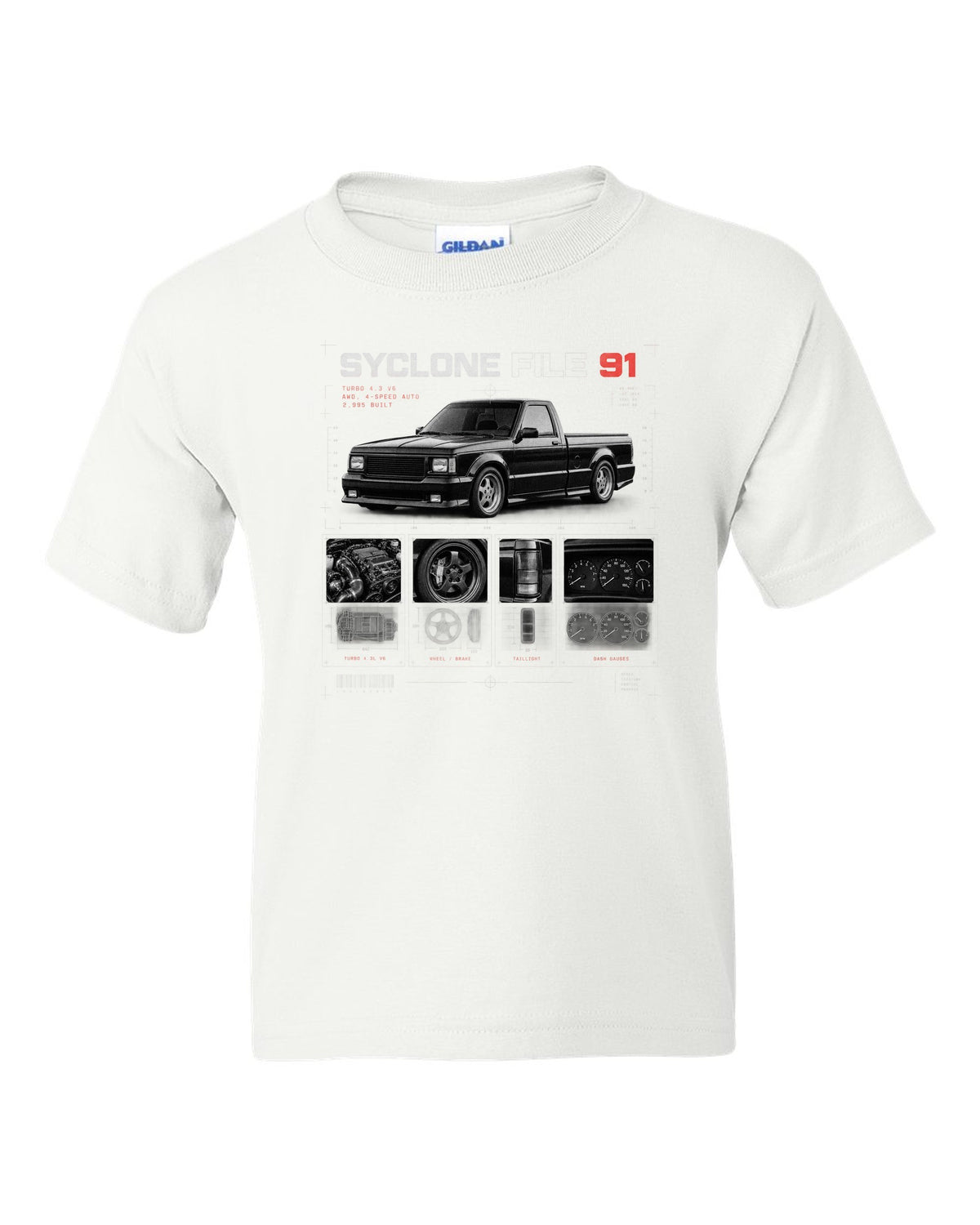 Dossier panel print of a 1991 GMC Syclone with turbo 4.3 V6 and 2,995 built text white kids tee front view with the design