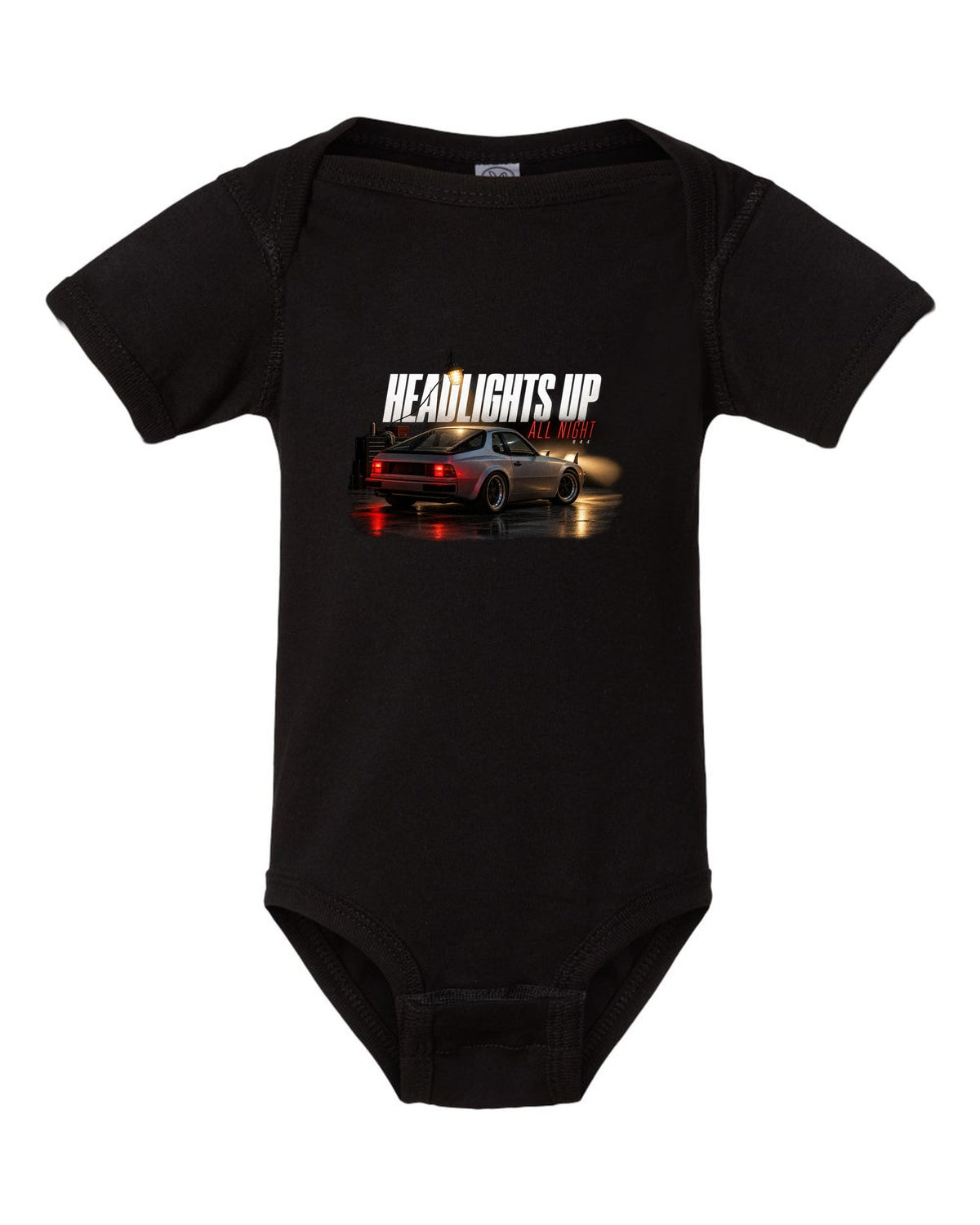 Garage night print of an early Porsche 944 with pop-up headlights raised black baby onesie front view with the design