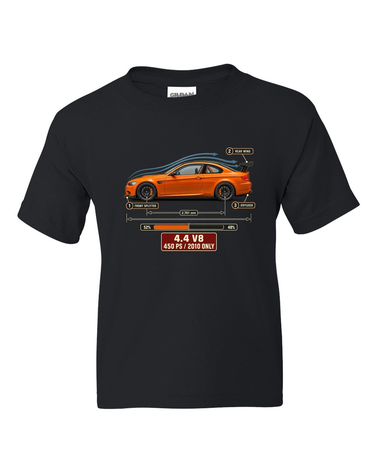 BMW M3 E92 GTS coupe aero callouts print black kids tee front view with the design